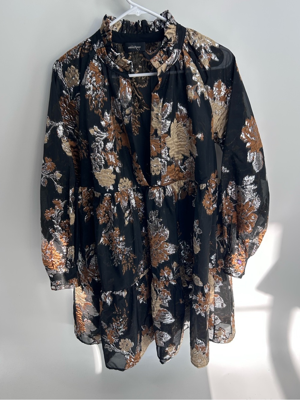 ottod'Ame Metallic Gold Floral Tiered Mini Dress Black Chiffon Boho - Size US 6